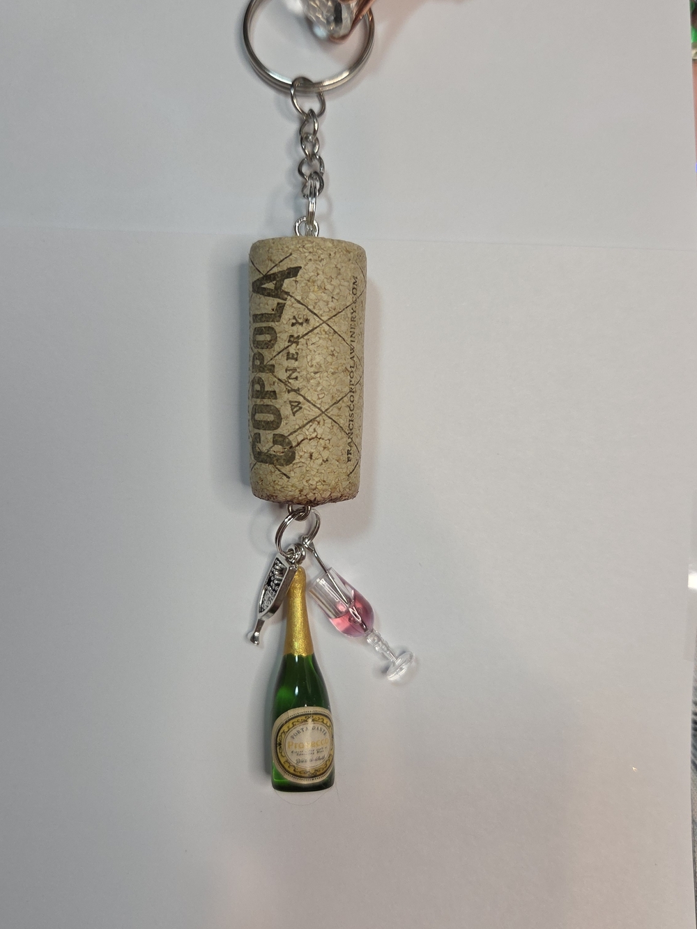 Handmade Real Cork Keychain Bag Charm with wine bottle & wine glass charms!